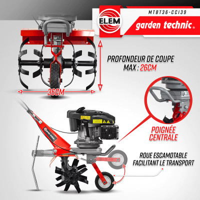 Moteur essence 139 cm3 puissant motobineuse Elem Garden Technic