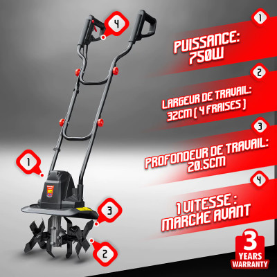Petite motobineuse électrique 4 fraises Elem Garden largeur 32 cm
