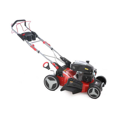 Vue latérale de la tondeuse thermique tractée GeoTech PRO avec carter en acier